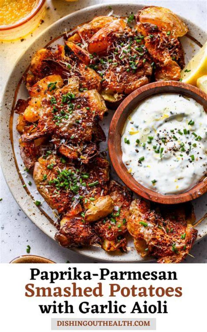 Paprika-Parmesan Smashed Potatoes with Garlic Aioli