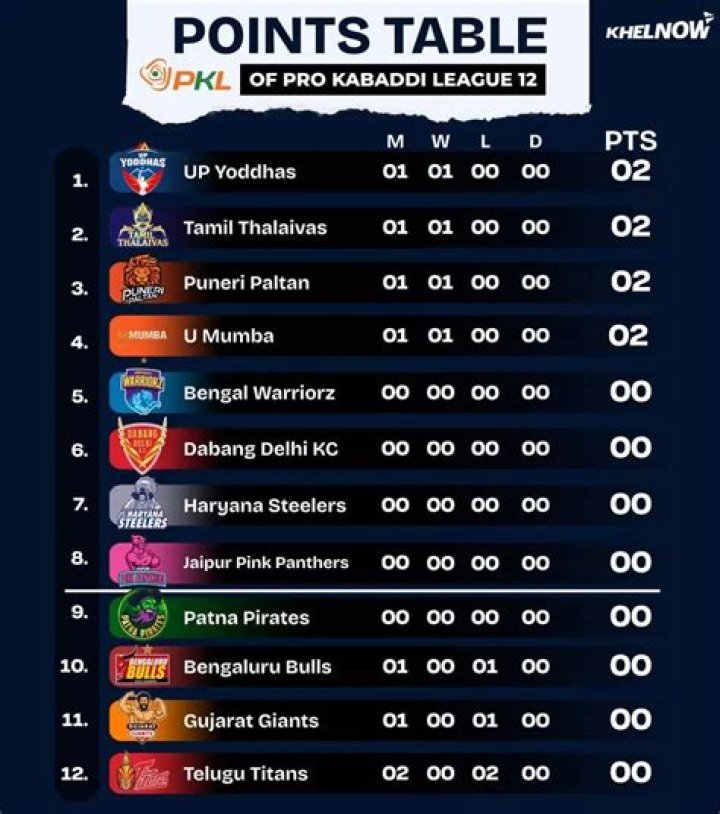 PKL Season 08 Points Table